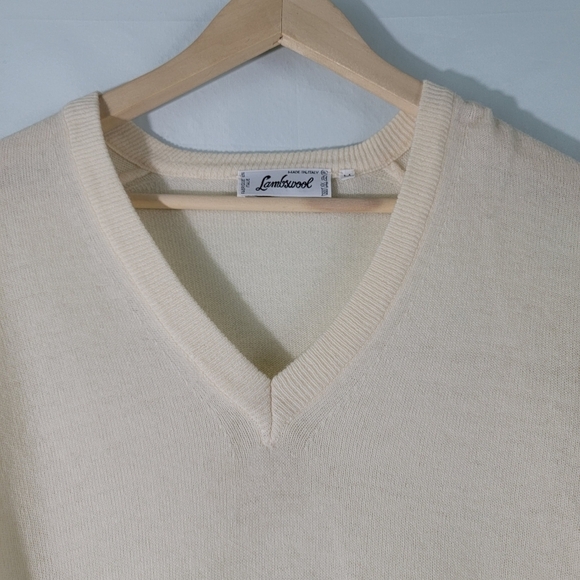 Lambswool Unisex Ivory V-neck Knit Sweater Sz M Made in Italy Long Sleeve Cozy - Picture 3 of 11